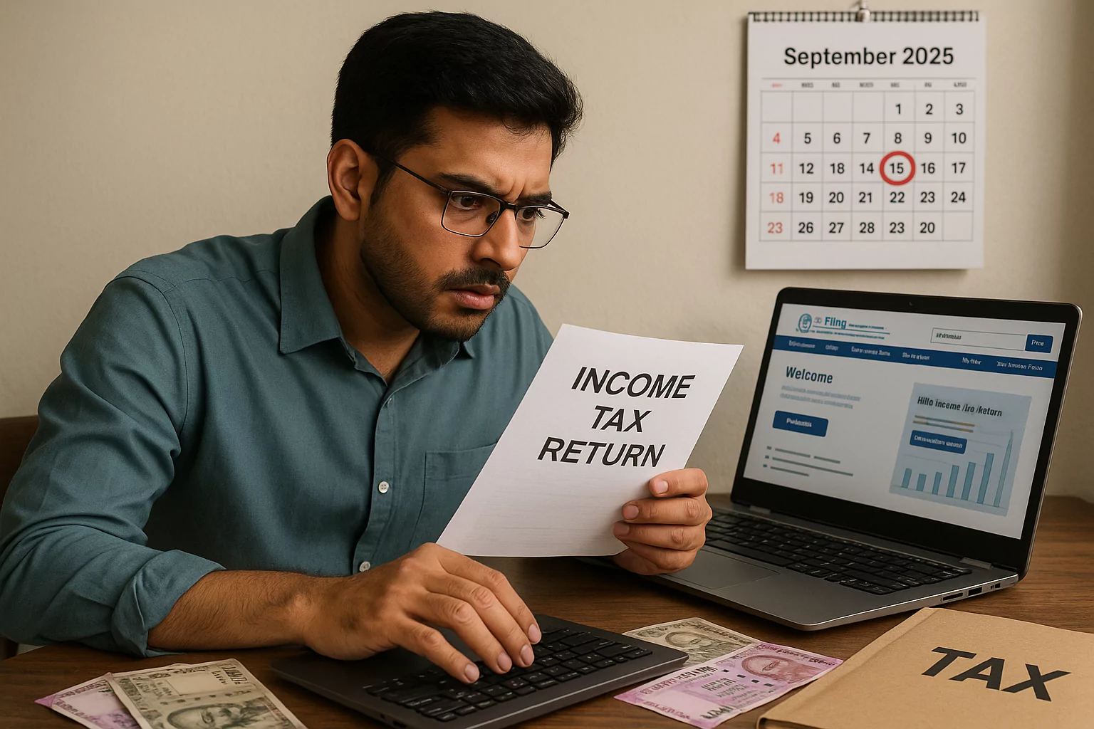 Person reviewing income tax return before last date of ITR filing 2025